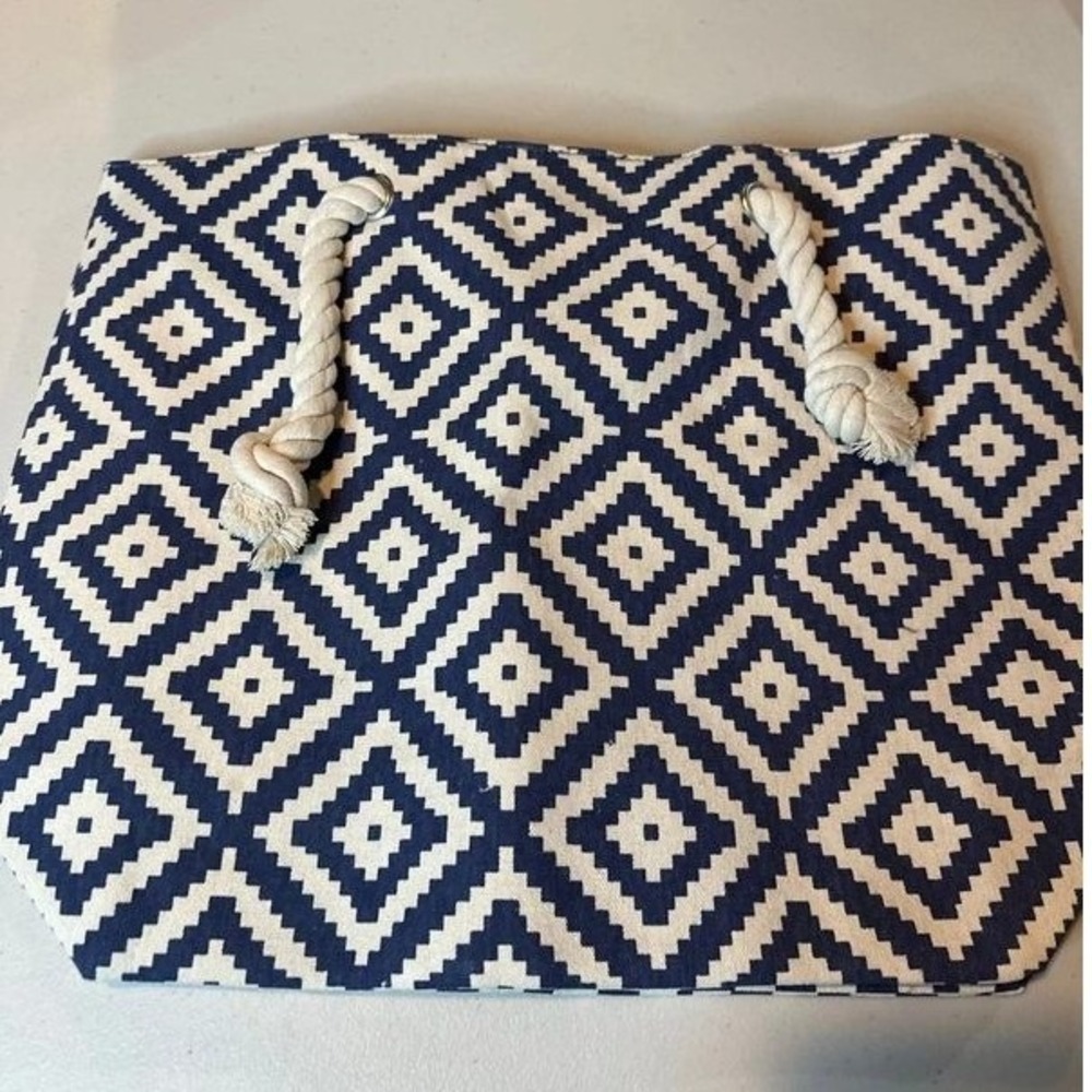 Summer & Rose Tote Bag Womens Large Navy White Good Rope Handle Geometric